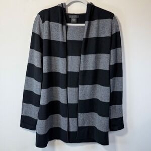 C By Bloomingdales Womens M 100% Cashmere Striped Open Front Cardigan Black Gray